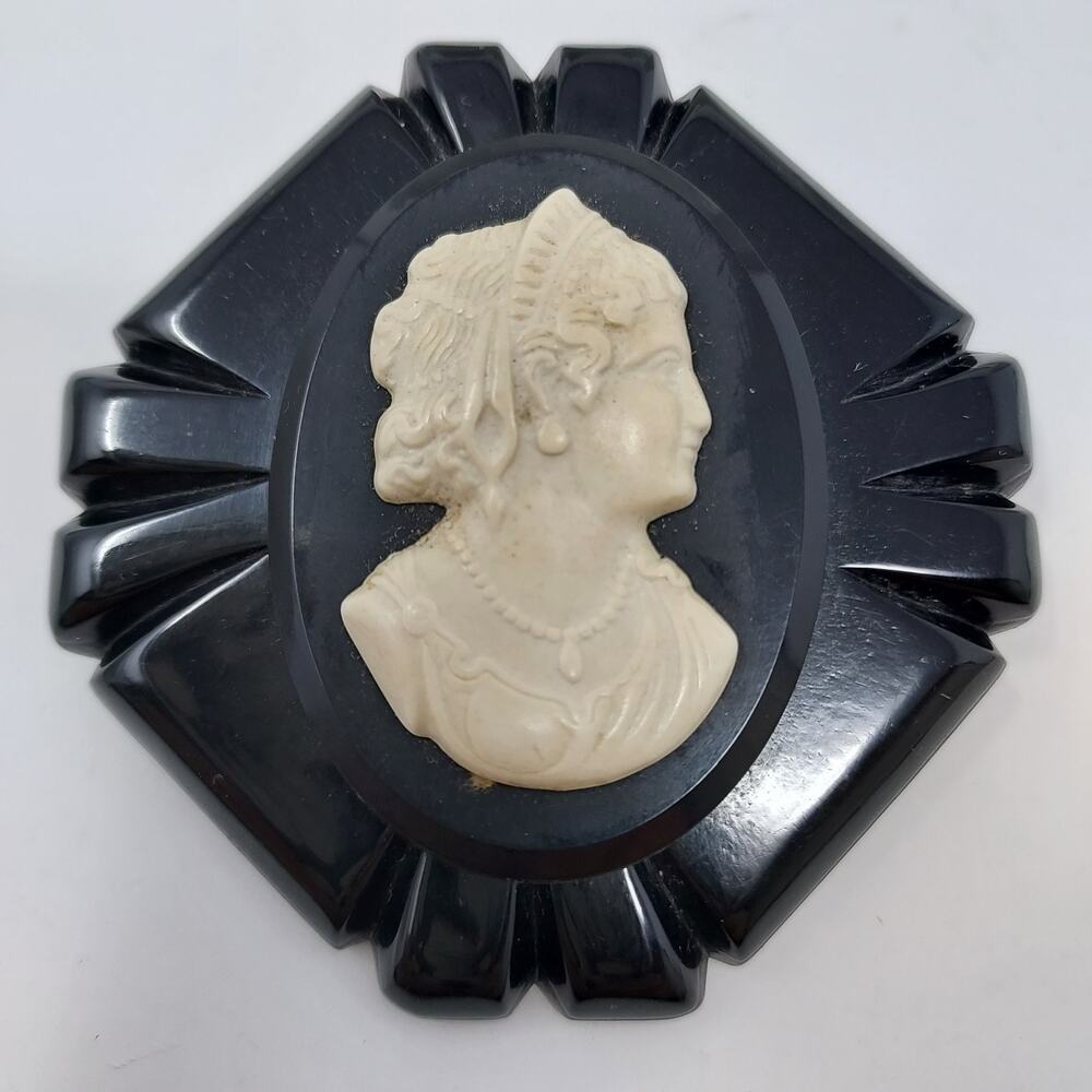 Vintage Bakelite Black Cream Cameo Brooch 2.5" C Clasp Victorian Revival Tested